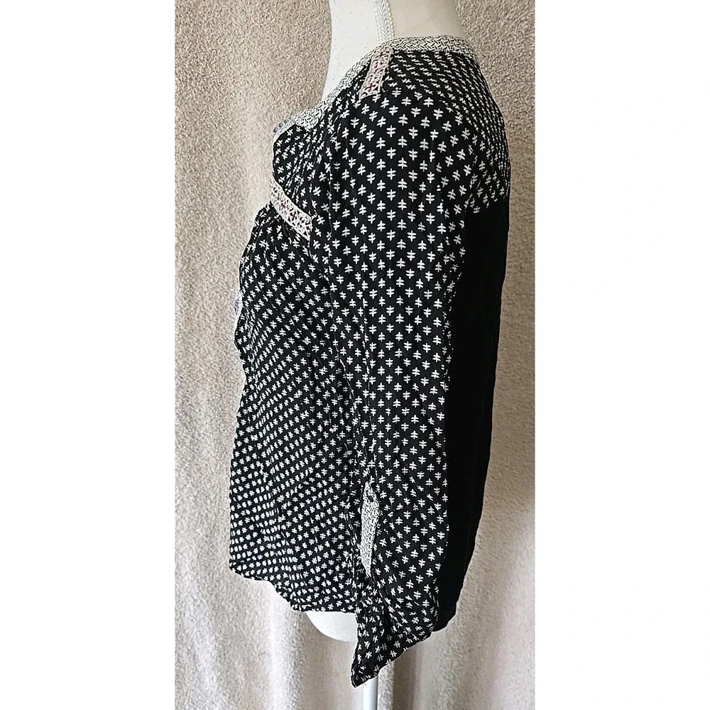 Skies Are Blue Boho Tunic Tab Sleeves Black White‎ Embroidery Women's Size S